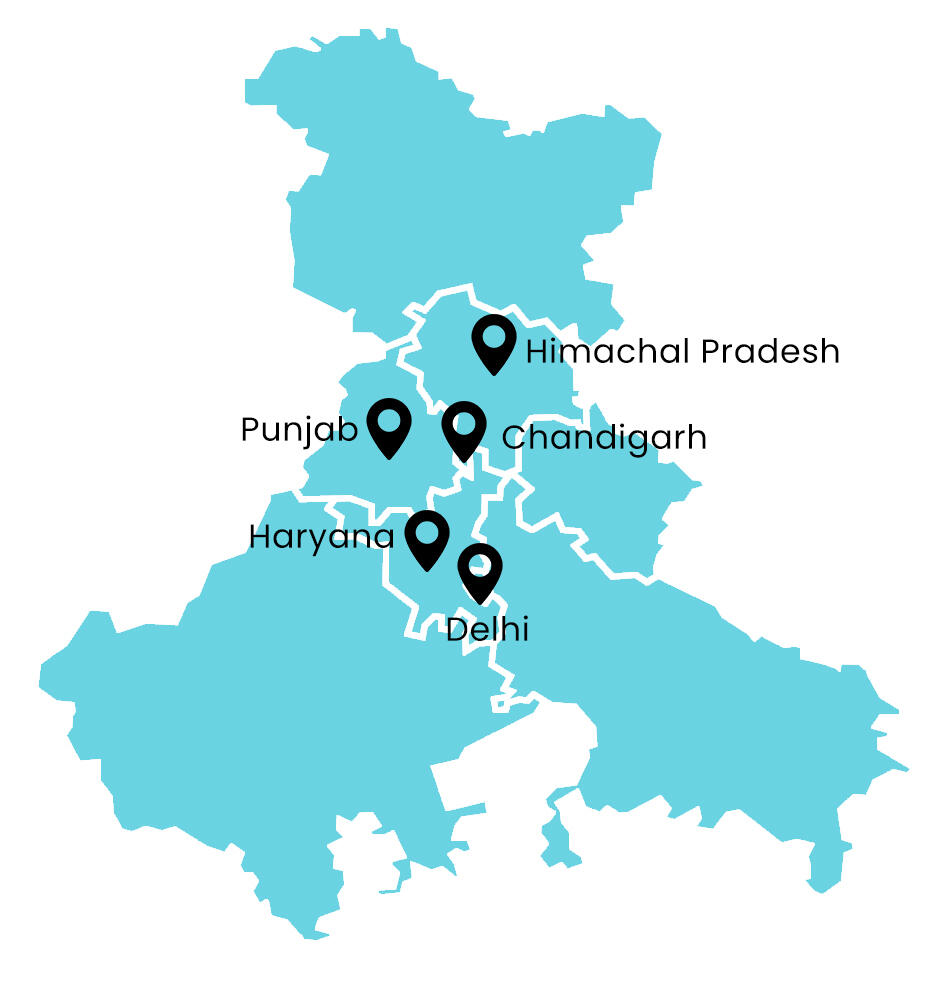 Map of North India showing Delhi, Haryana, Punjab, Himachal Pradesh and Chandigarh served by Servo Guys